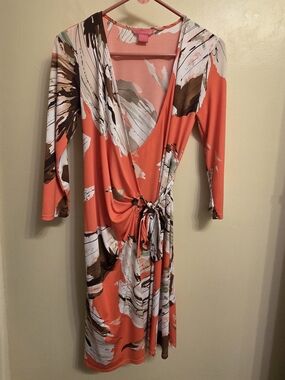 Sunny Leigh Coral Abstract Wrap Dress | 3/4 Sleeve Tie Waist Stretch. Small NWOT